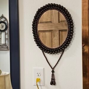 Boho Wooden Beaded Oval Hanging Mirror Tassel Retro 1970s Wall Decor